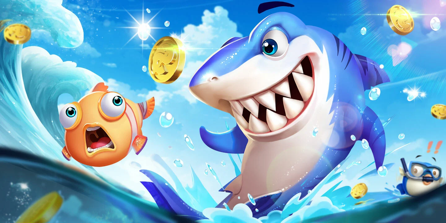 ฉลามและปลาการ์ตูนในฉากใต้น้ำของเกมยิงปลา